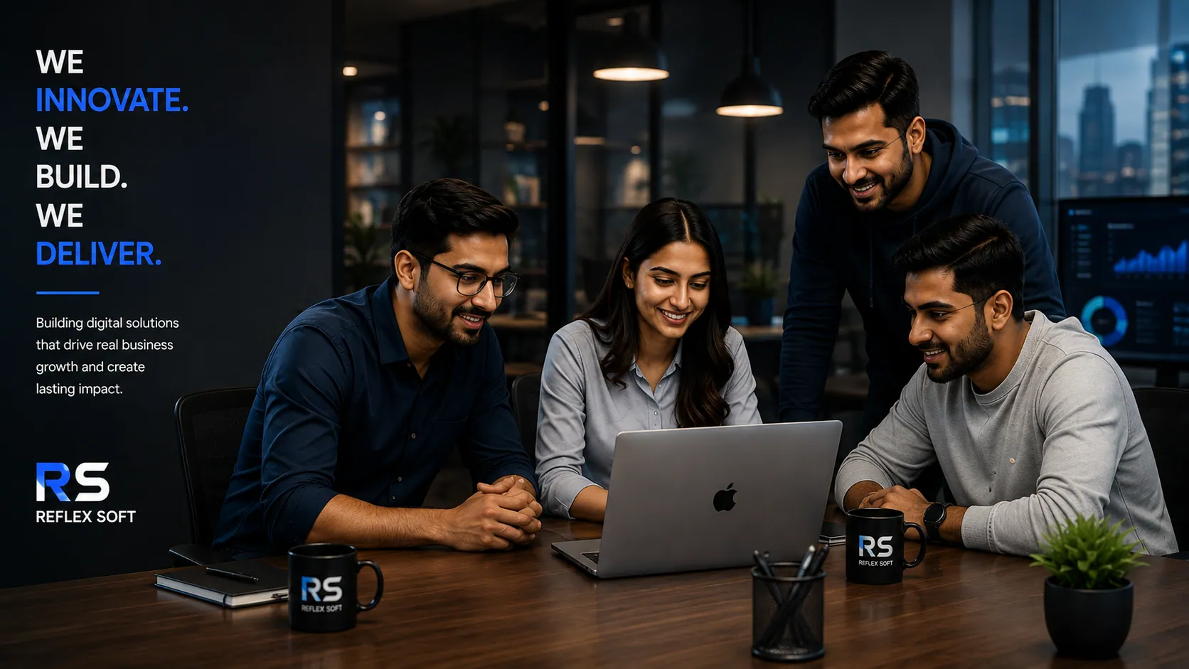 Reflex Soft team collaborating around a laptop