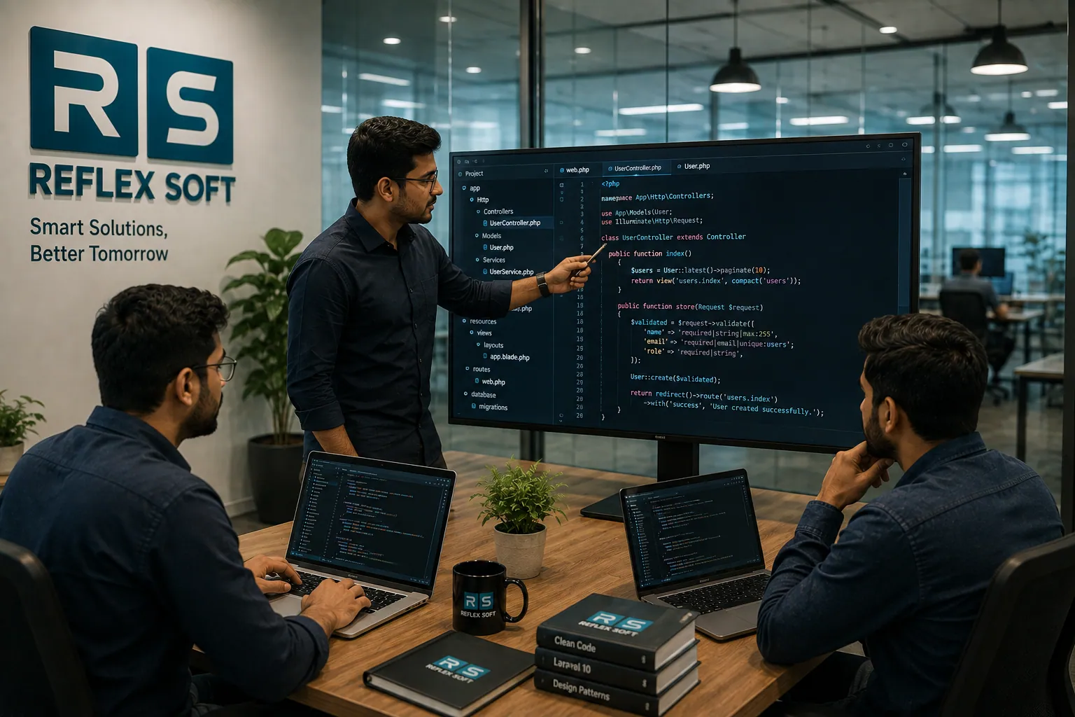 Engineers reviewing Laravel code together on the studio screen