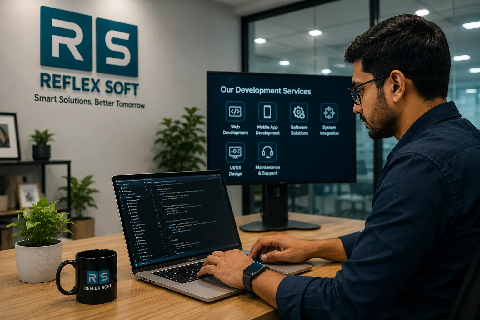 Reflex Soft developer at work, with the service line-up on screen behind