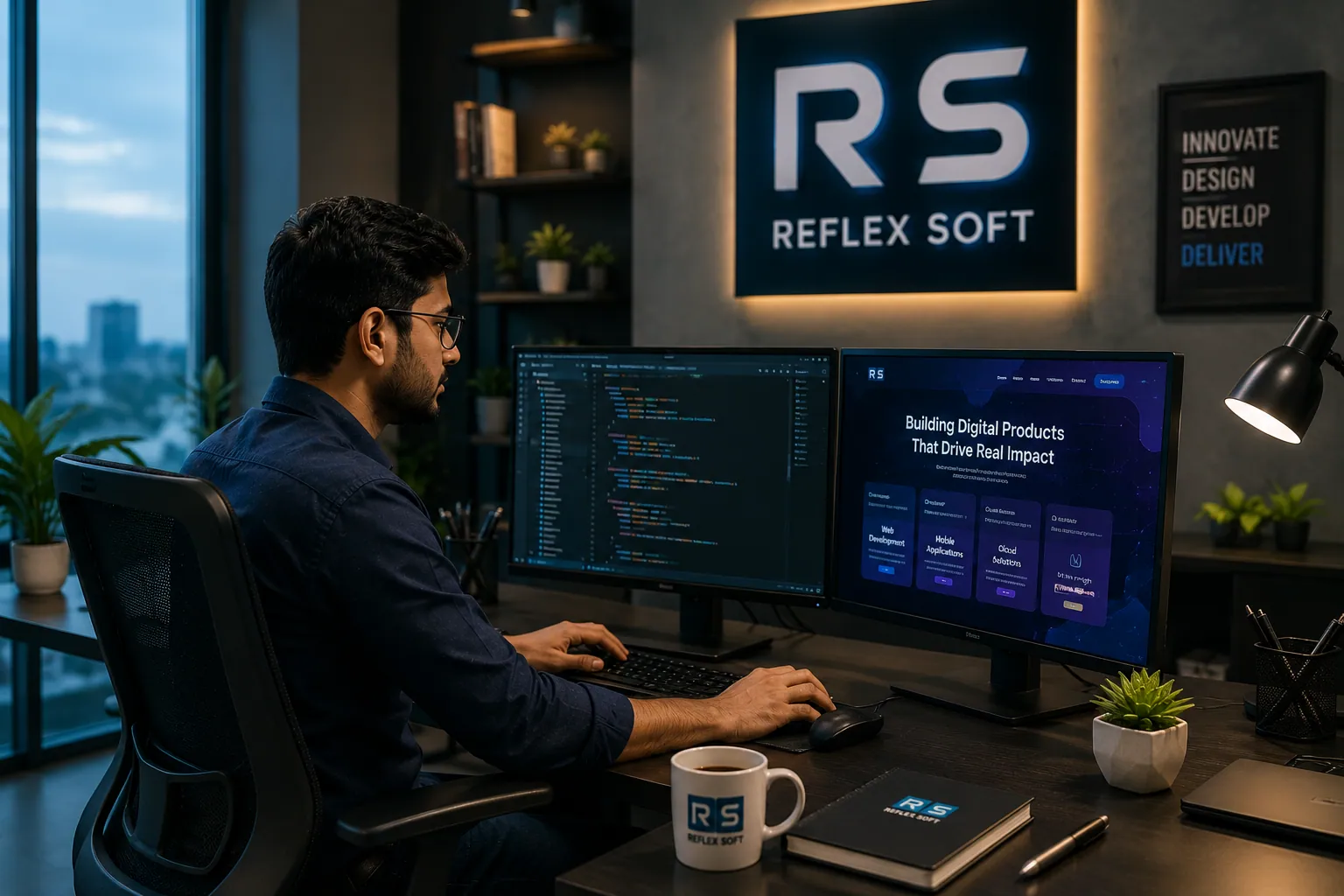 Developer building a site across code and live preview